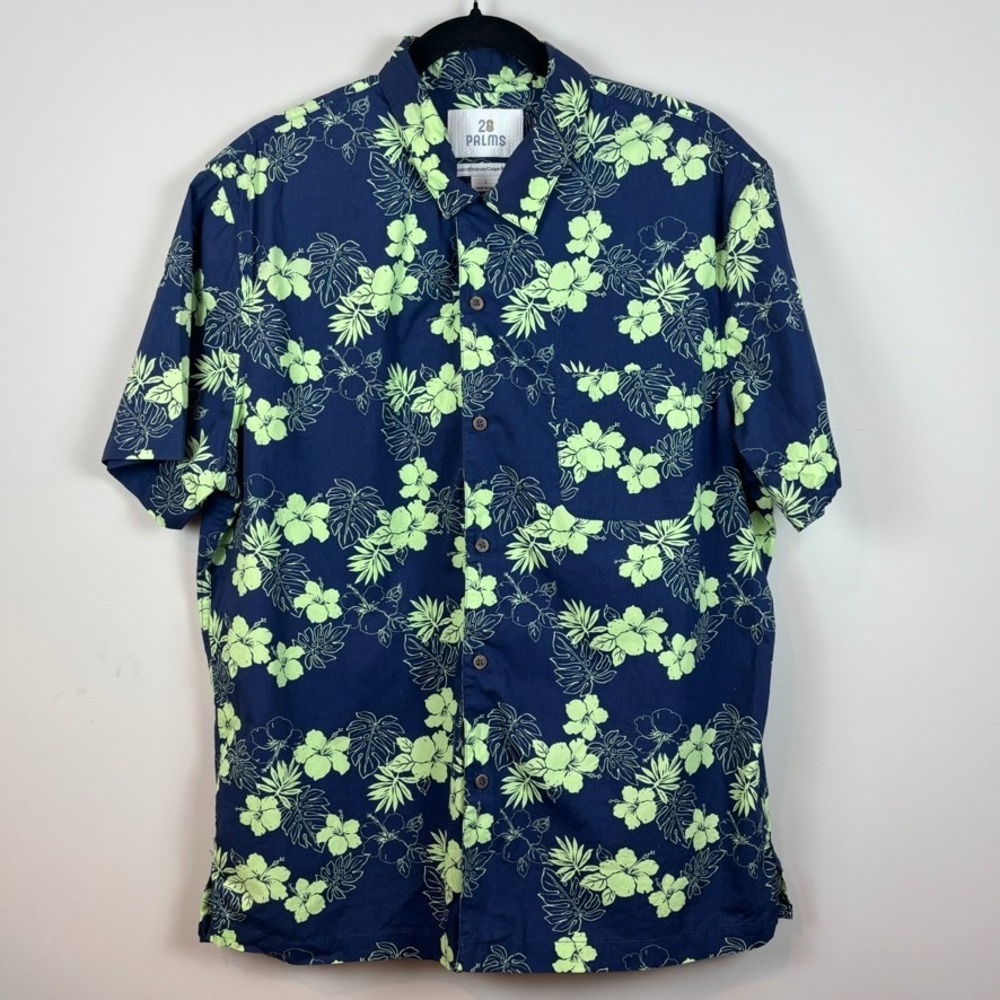 28 Palms Mens Blue Floral‎ Hawaiian Shirt Large Tropical 100% Cotton Resortwear